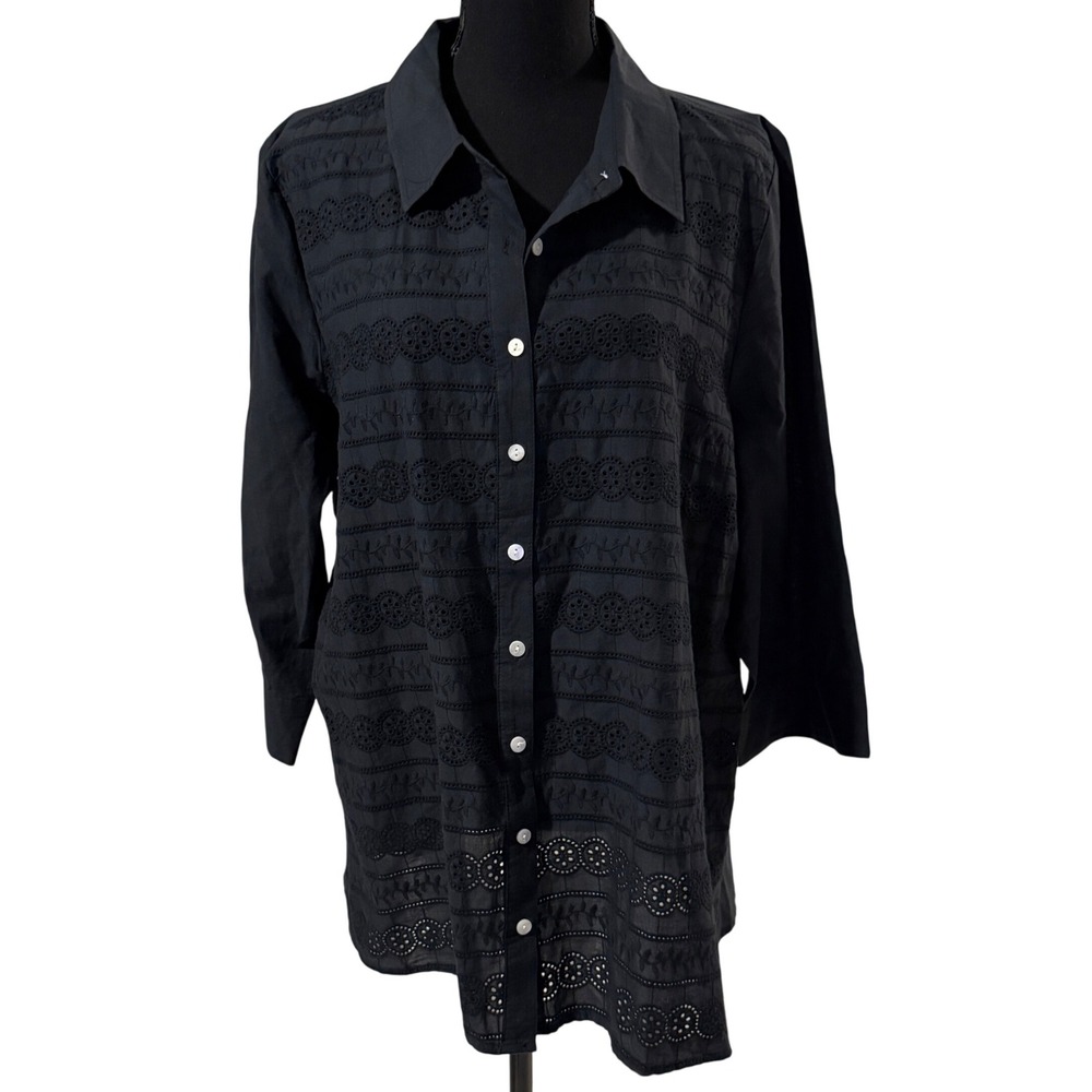 Denim & Company Womens Eyelet Button Up Top XL Dark Cottagecore Peasant Boho